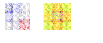 This image contains two fabric samples, square in shape, the one on the left having multiple blue shades, and the one on the right having multiple yellow shades.