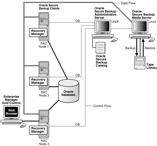 Shows Oracle Secure Backup in a RAC environment.