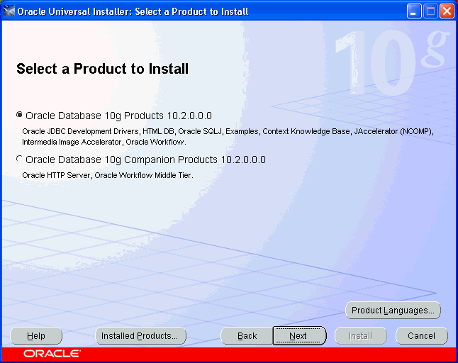 Database Companion installation: select Oracle Database 10g Products