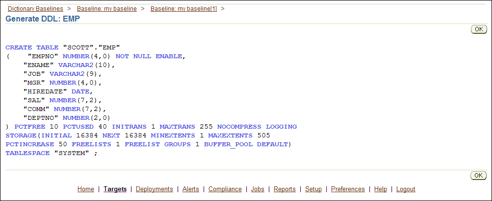 DDL Generated for a Selected Baseline