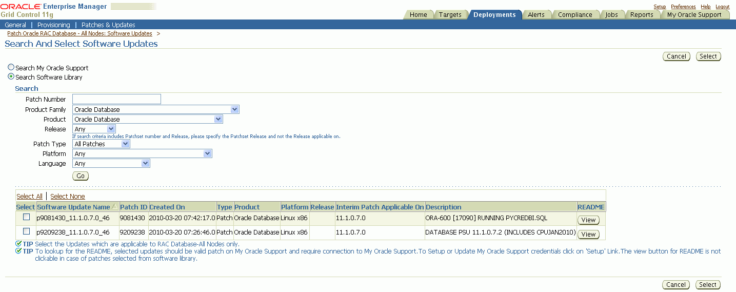 This is the Enterprise Manager Select Patch page.