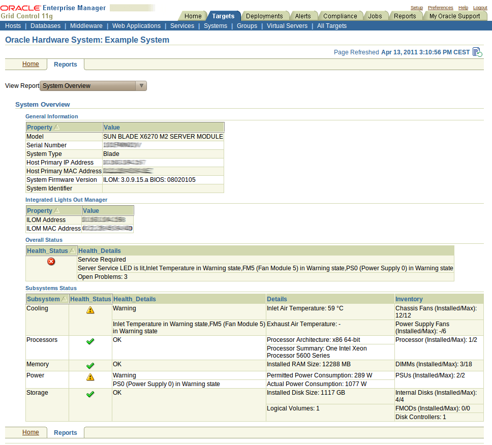 An example of the System Overview report, showing information such as the system IP address, Oracle ILOM IP address and so on.