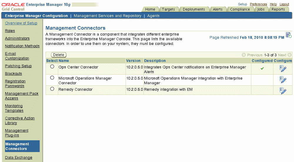 Management Connectors Page With Configured Column Checked