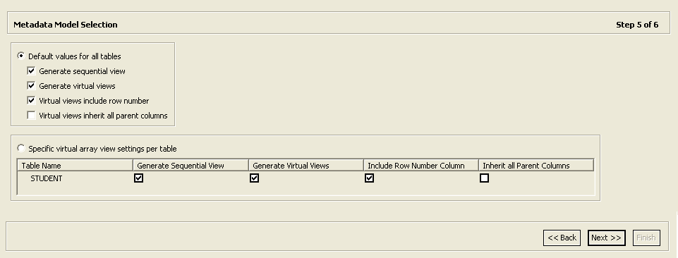 The image shows the Metadata Model Selection screen