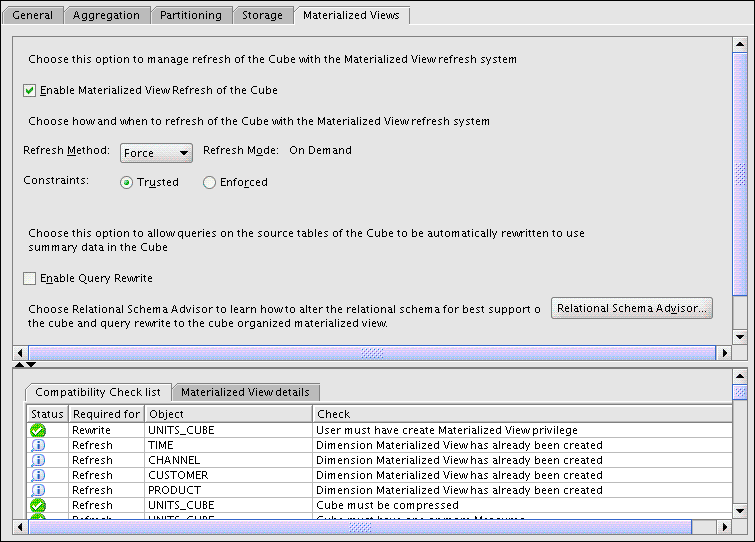 Cube Materialized View tab