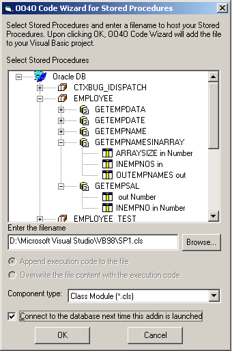 OO4O Code Wizard for Stored Procedures dialog box