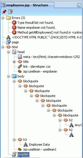 JSP errors shown in the structure window